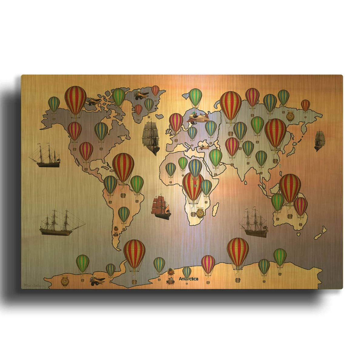 'Map Of The World Vintage 10' By Mark Ashkenazi Gold Metal Wall Art