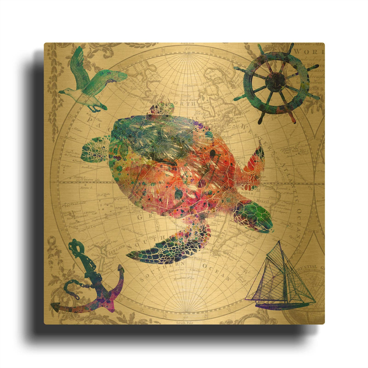 'Turtle Map' By Mark Ashkenazi Gold Metal Wall Art