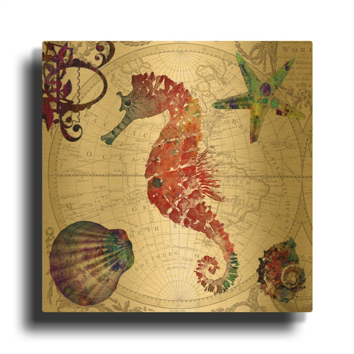 'Seahorse Map' By Mark Ashkenazi Gold Metal Wall Art