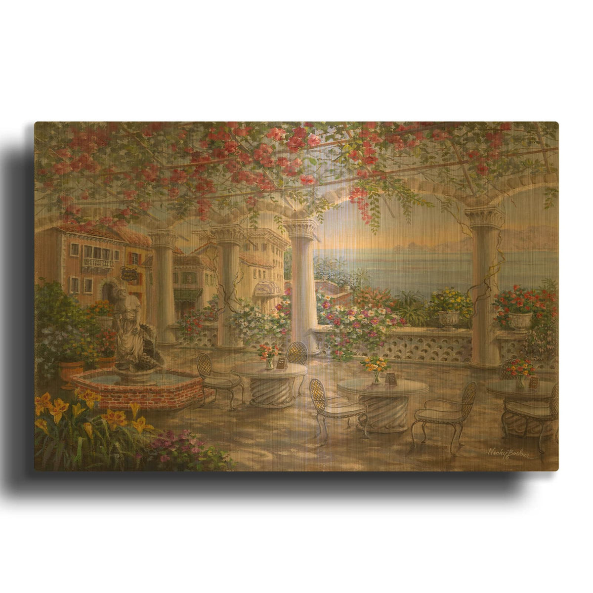 'Dining On The Terrace' By Nicky Boehme Gold Metal Wall Art