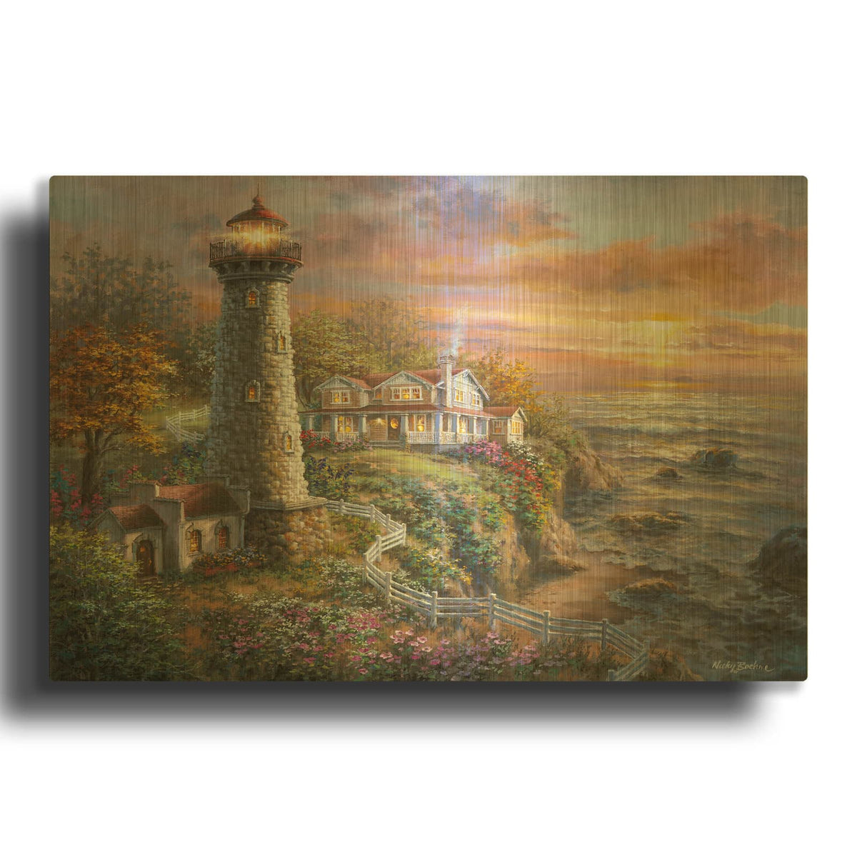 'Lighthouse Haven' By Nicky Boehme Gold Metal Wall Art