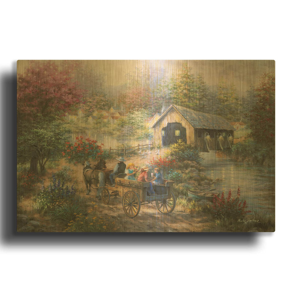 'Merriment At Covered Bridge' By Nicky Boehme Gold Metal Wall Art