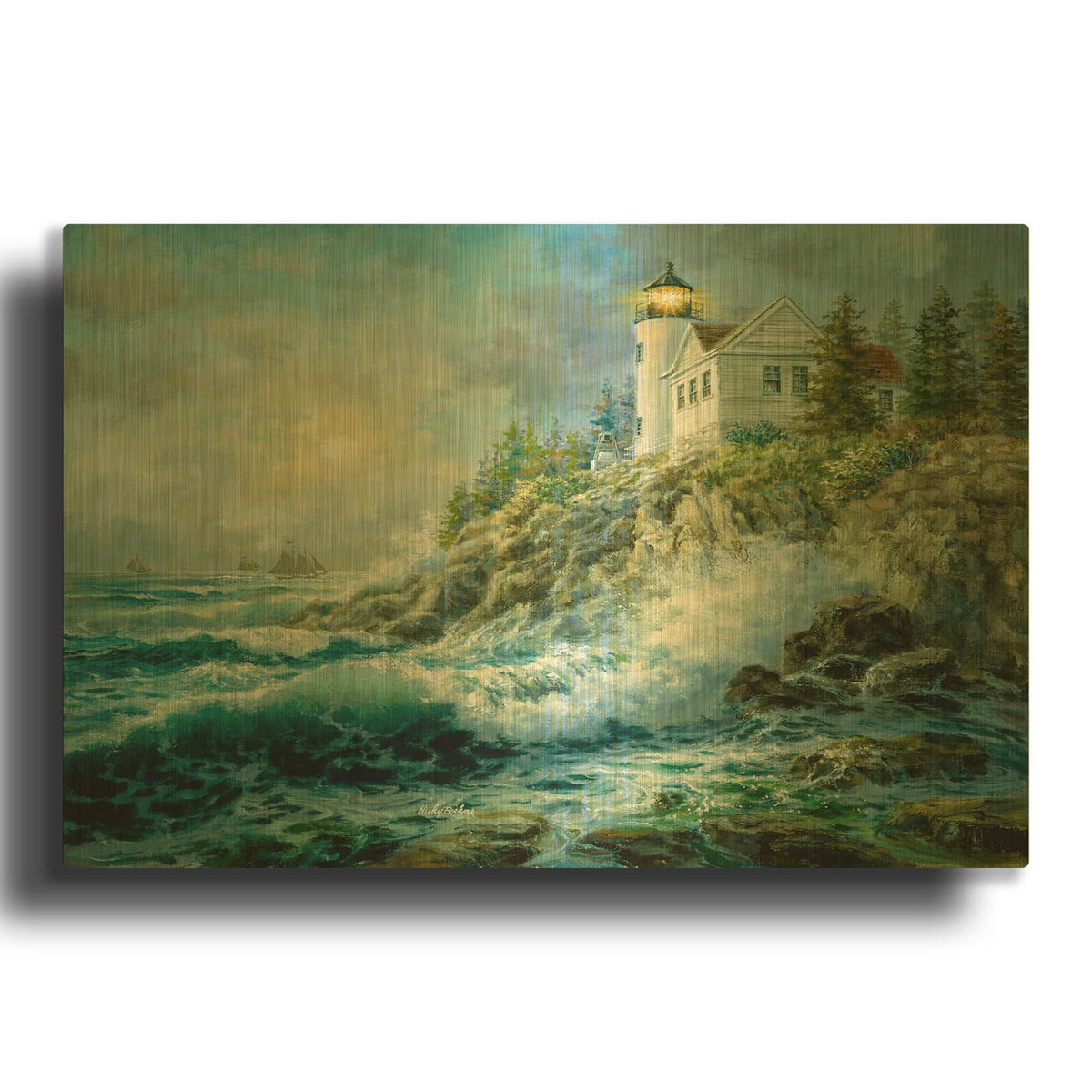 'Bass Harbor Lighthouse' By Nicky Boehme Gold Metal Wall Art