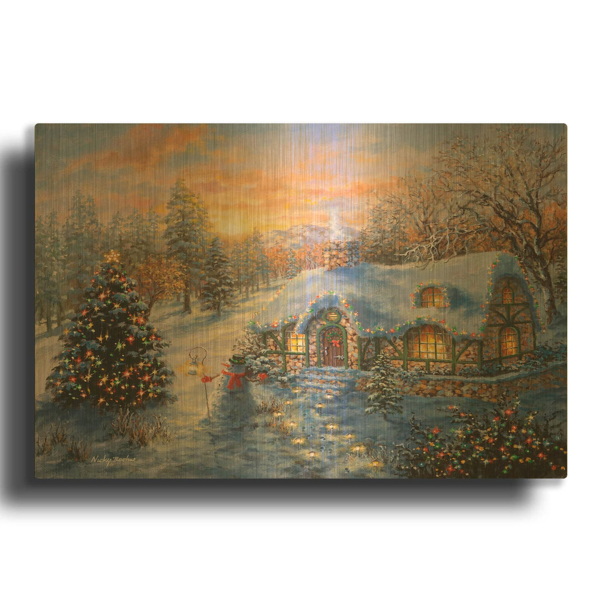 'Christmas Cottage' By Nicky Boehme Gold Metal Wall Art