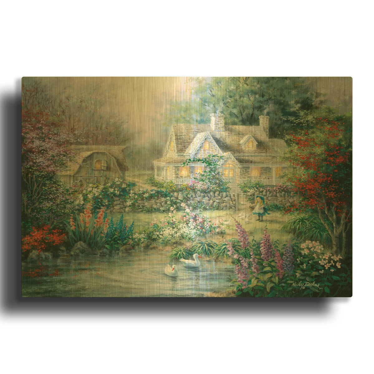 'Feeding Geese' By Nicky Boehme Gold Metal Wall Art