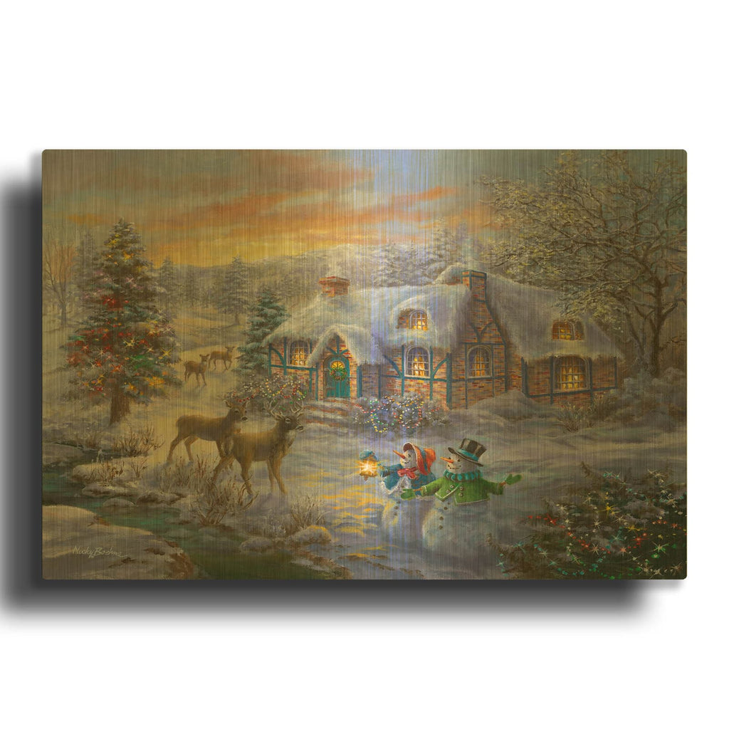 'Christmas Cottage 2' By Nicky Boehme Gold Metal Wall Art