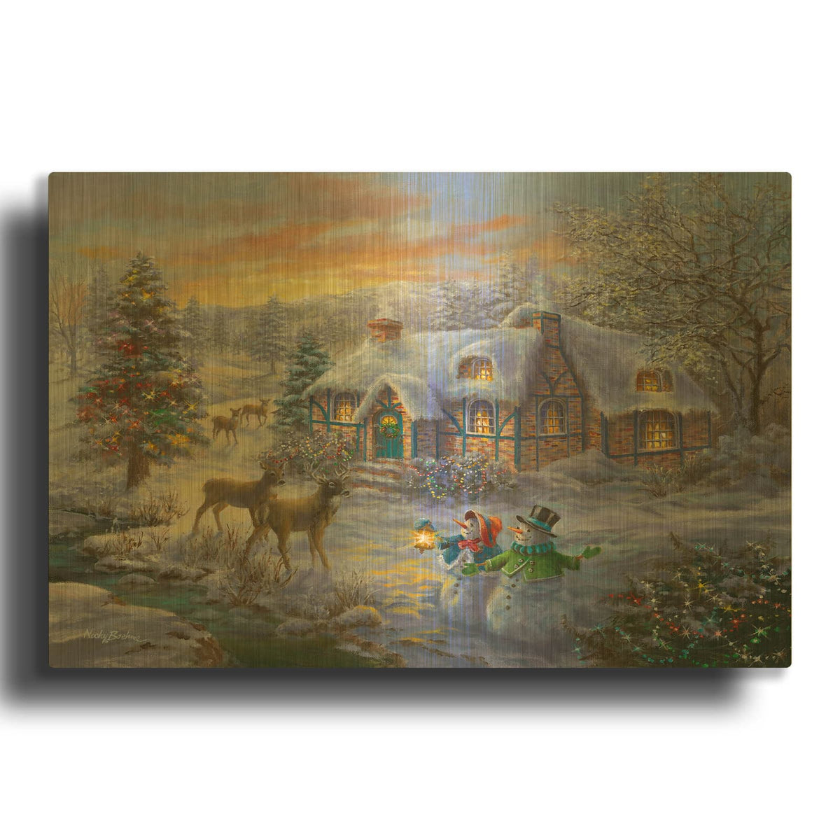 'Christmas Cottage 2' By Nicky Boehme Gold Metal Wall Art