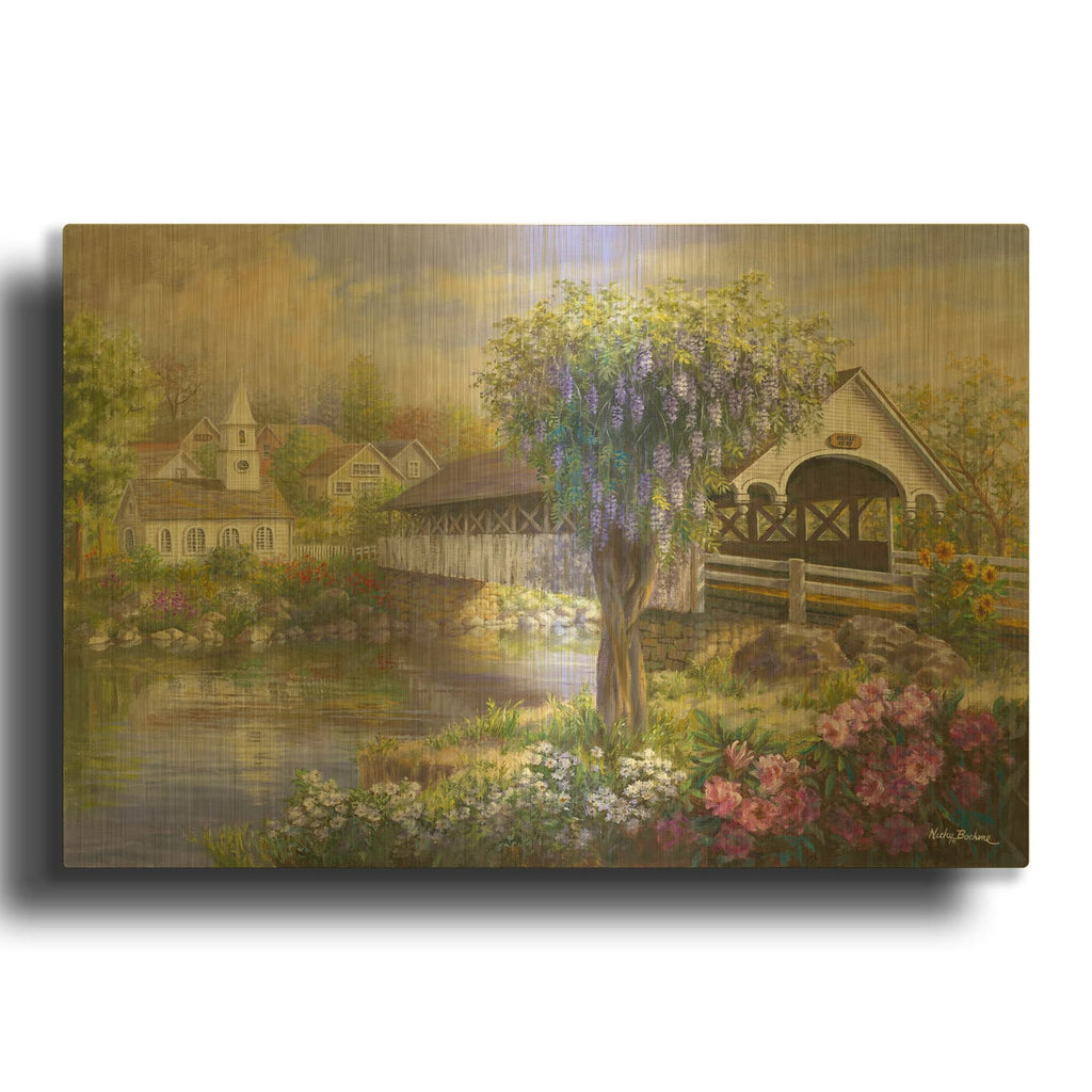 'Picturesque Covered Bridge' By Nicky Boehme Gold Metal Wall Art