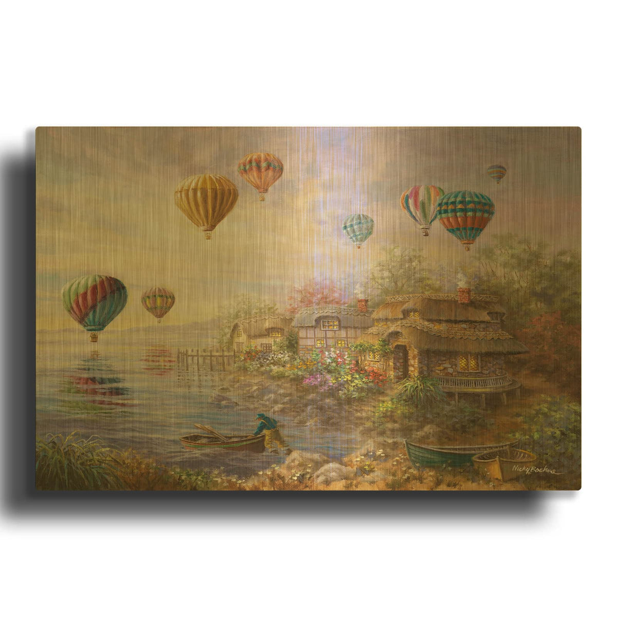 'Air Balloons Over Cottageville' By Nicky Boehme Gold Metal Wall Art