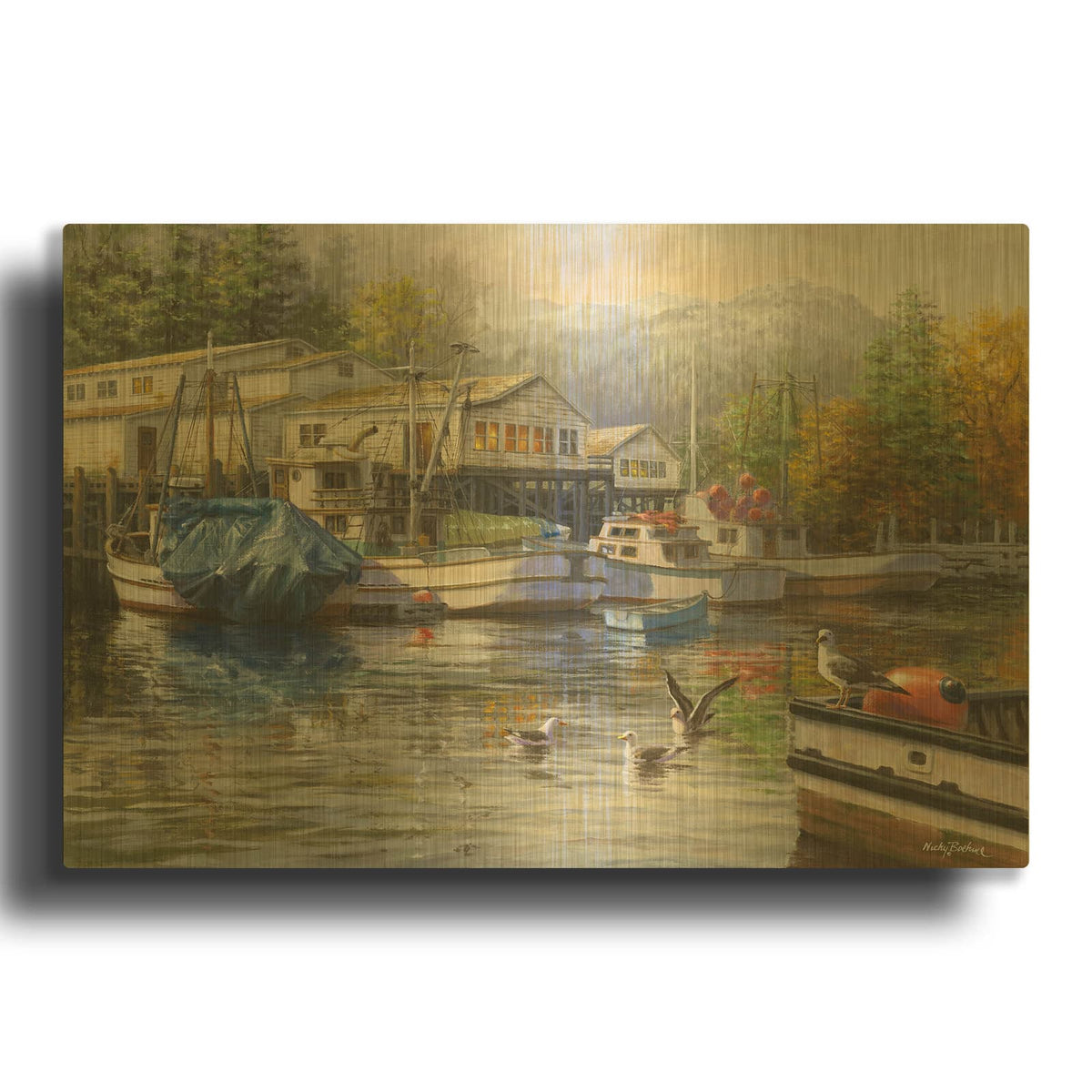 'Gulls At The Marina' By Nicky Boehme Gold Metal Wall Art