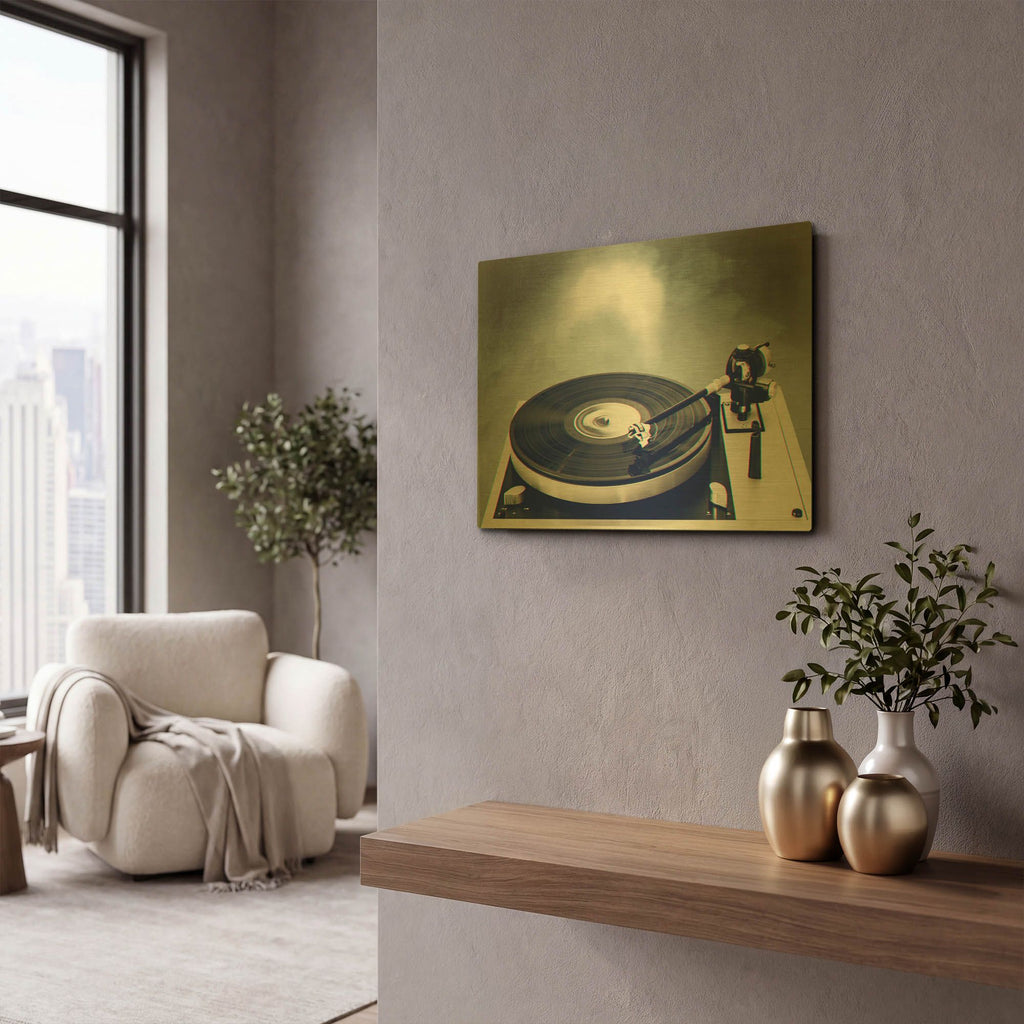 'Retro Record Player' By Dirk Wustenhagen Gold Metal Wall Art