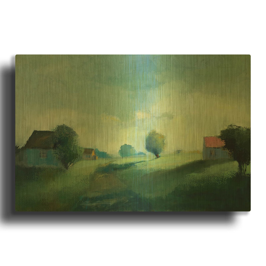 'Salmon Roof In Sun Fog' By Jan L. Waldron Gold Metal Wall Art