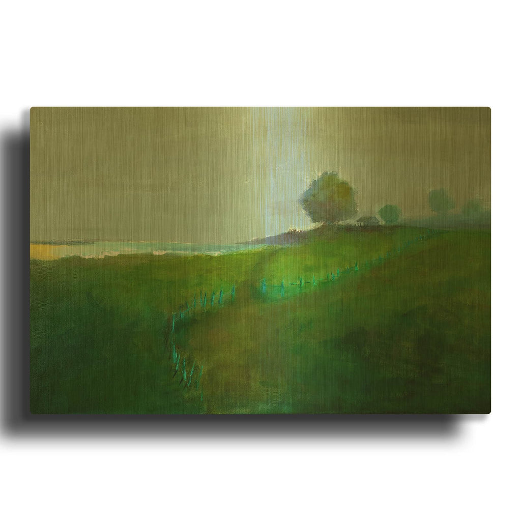 'Blue Fence' By Jan L. Waldron Gold Metal Wall Art