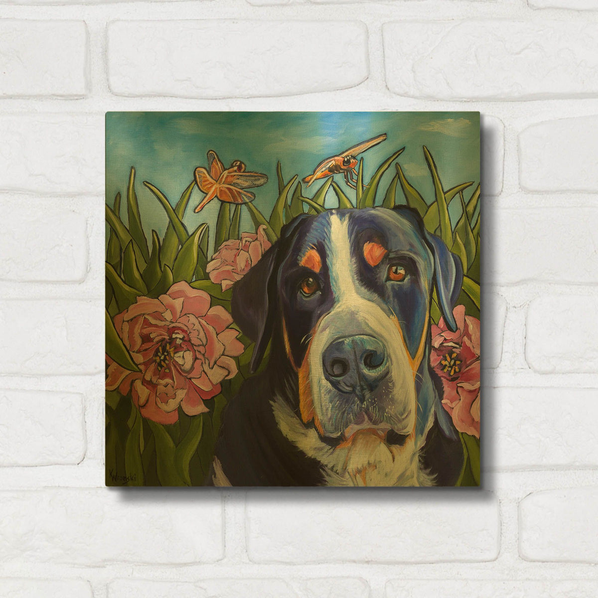 'Dog and Dragonflies' By Kathryn Wronski Gold Metal Wall Art