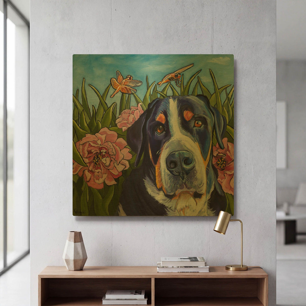 'Dog and Dragonflies' By Kathryn Wronski Gold Metal Wall Art