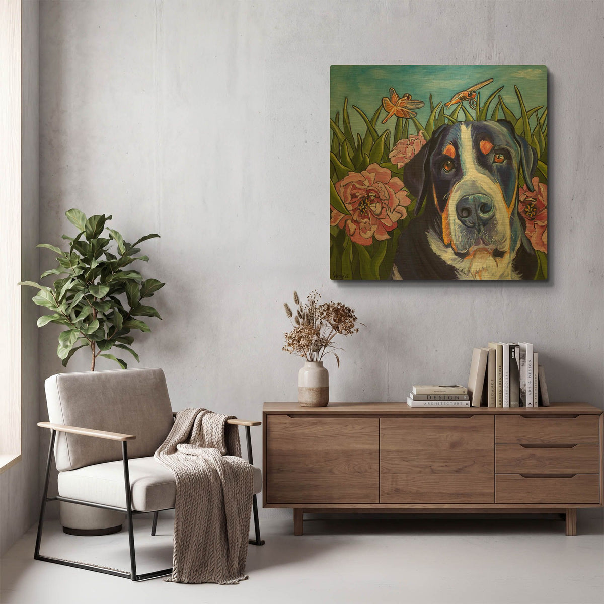 'Dog and Dragonflies' By Kathryn Wronski Gold Metal Wall Art
