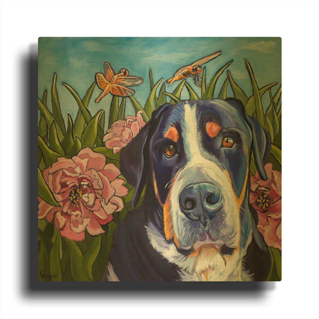 'Dog and Dragonflies' By Kathryn Wronski Gold Metal Wall Art