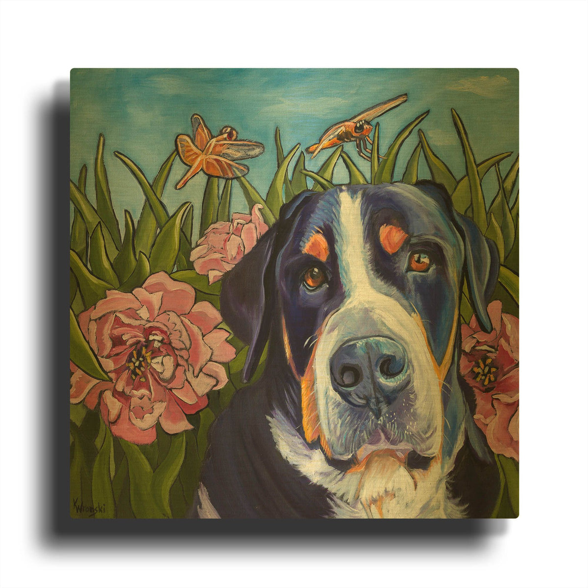 'Dog and Dragonflies' By Kathryn Wronski Gold Metal Wall Art