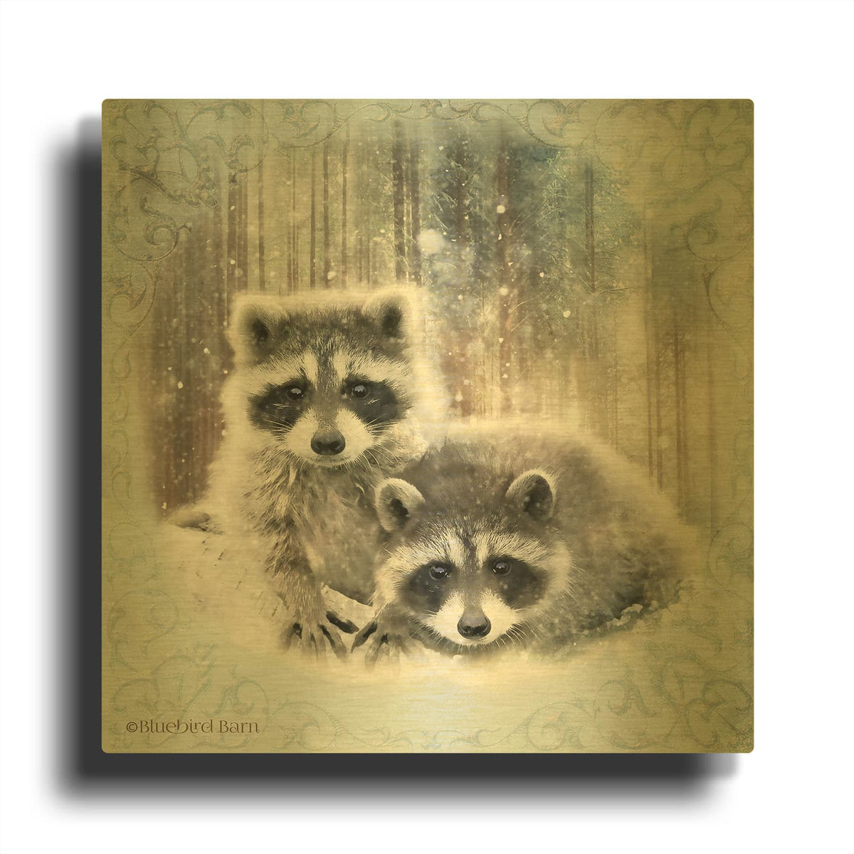 'Enchanted Winter Raccoons' By Bluebird Barn Gold Metal Wall Art
