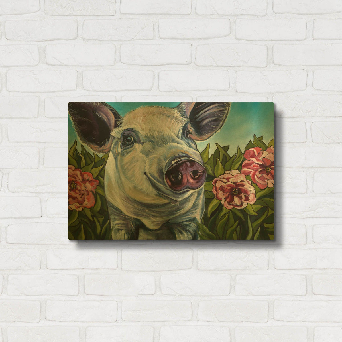 'Pigs and Peonies' By Kathryn Wronski Gold Metal Wall Art