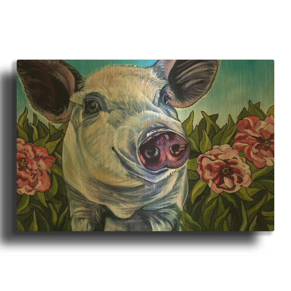 'Pigs and Peonies' By Kathryn Wronski Gold Metal Wall Art