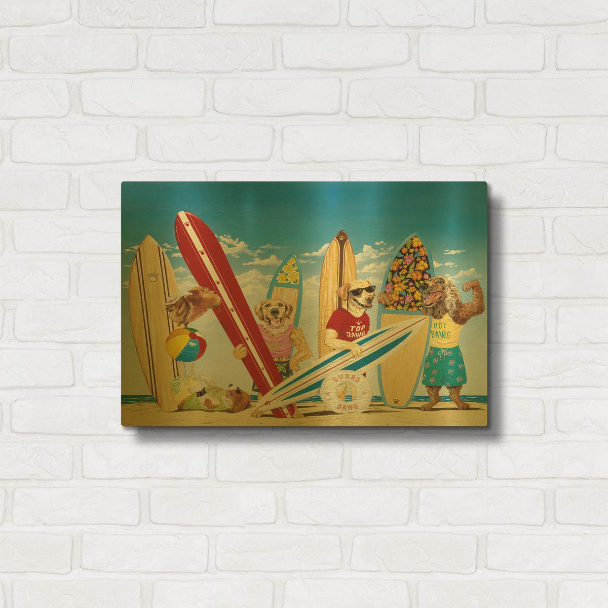 'K-9 Surf Club' By Scott Westmoreland Gold Metal Wall Art