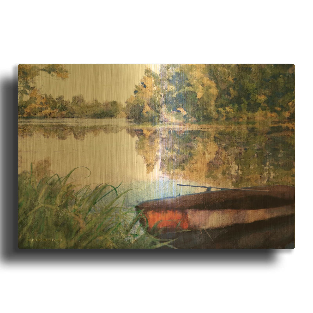 'Rowboat Pond Landscape' By Bluebird Barn Gold Metal Wall Art