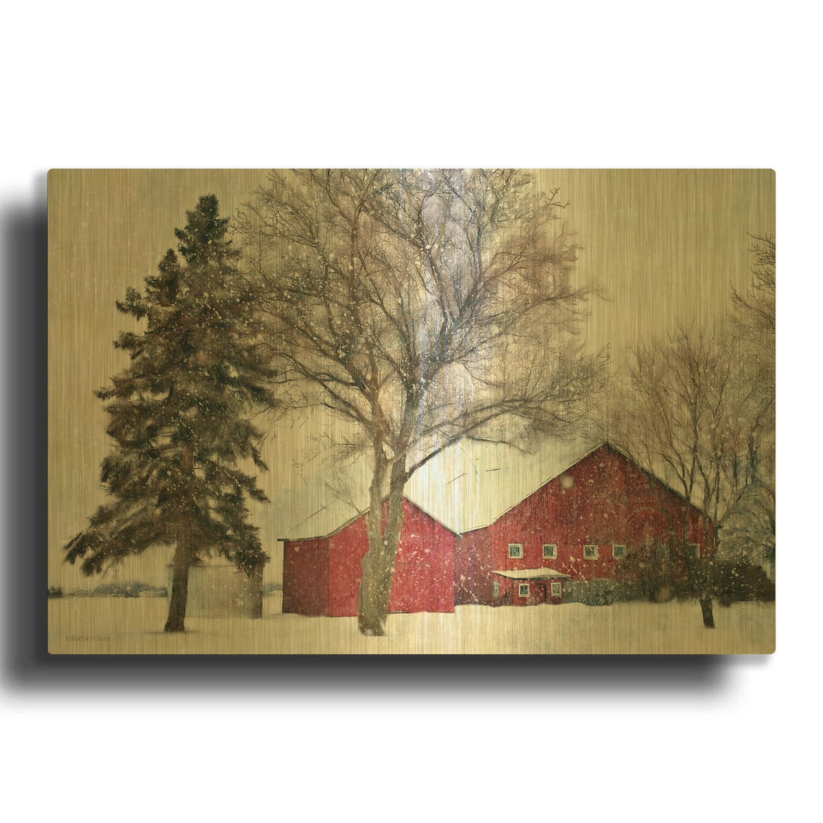 'Snowy Barn' By Bluebird Barn Gold Metal Wall Art