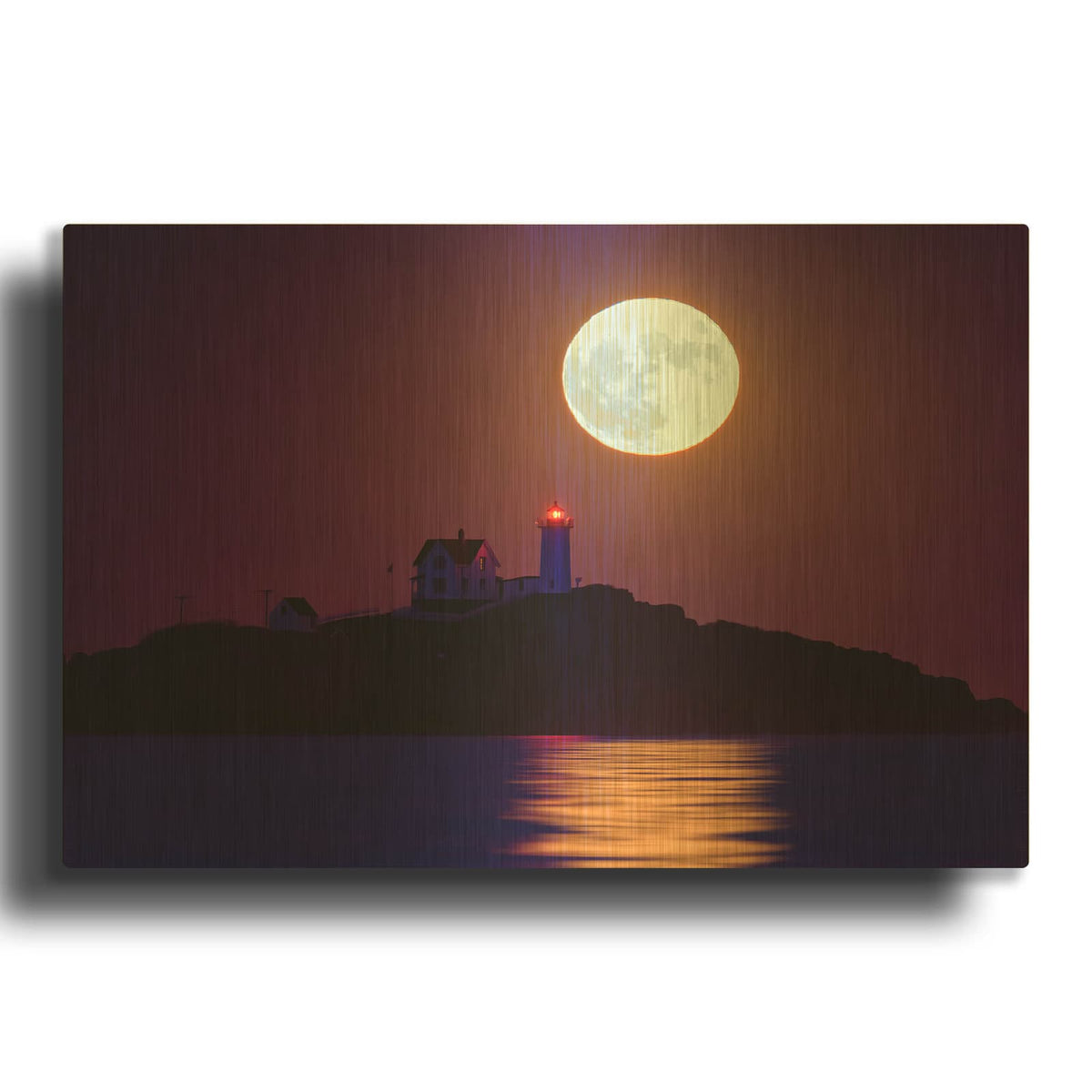 'The Nubble & The Full Moon' By Rick Berk Gold Metal Wall Art