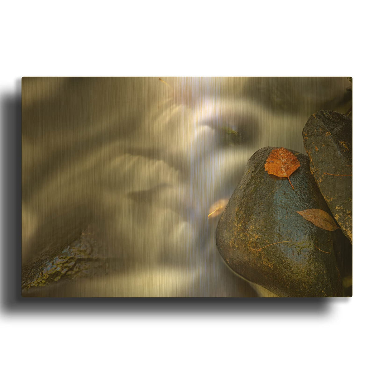 'Fallen Leaf And Mountain Stream' By Rick Berk Gold Metal Wall Art