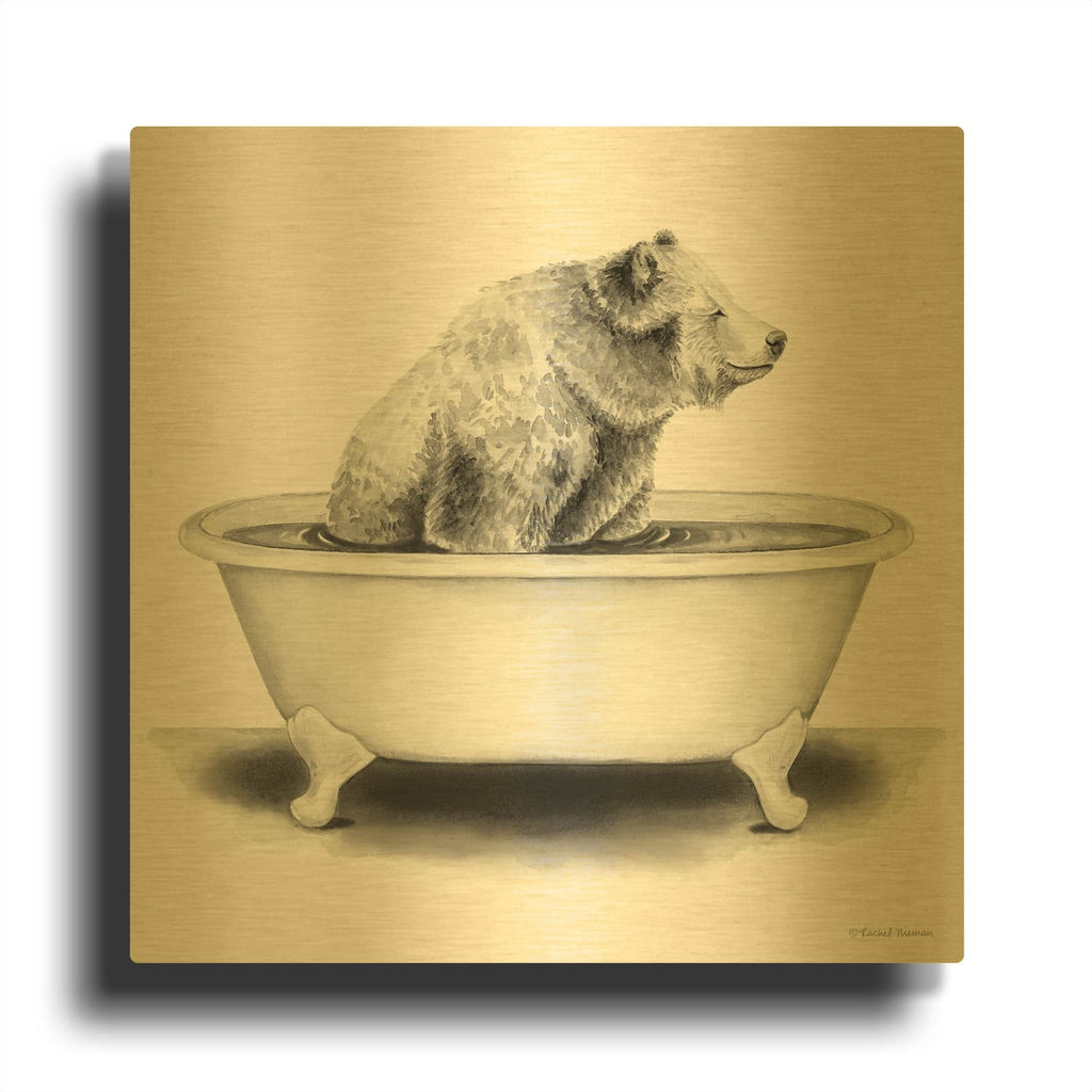'Bear in Tub' By Rachel Nieman Gold Metal Wall Art