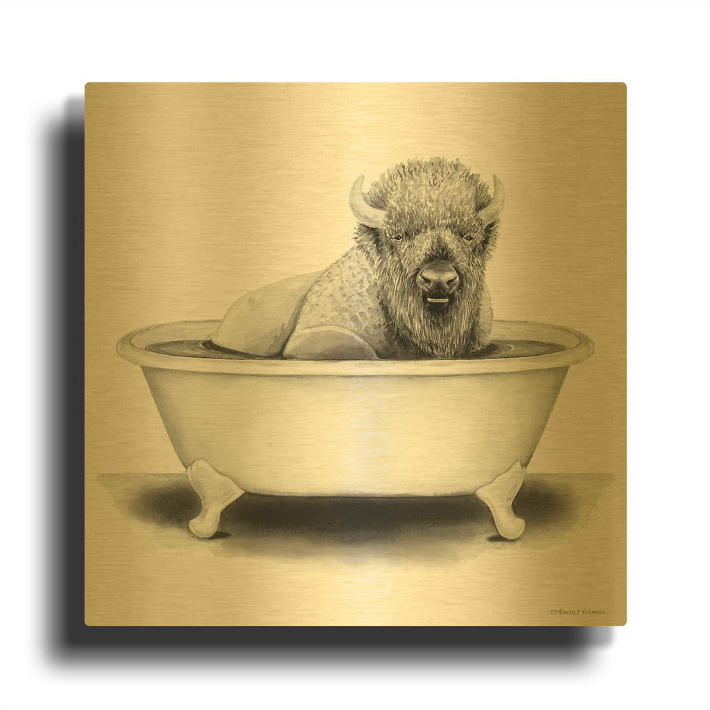 'Bison in Tub' By Rachel Nieman Gold Metal Wall Art