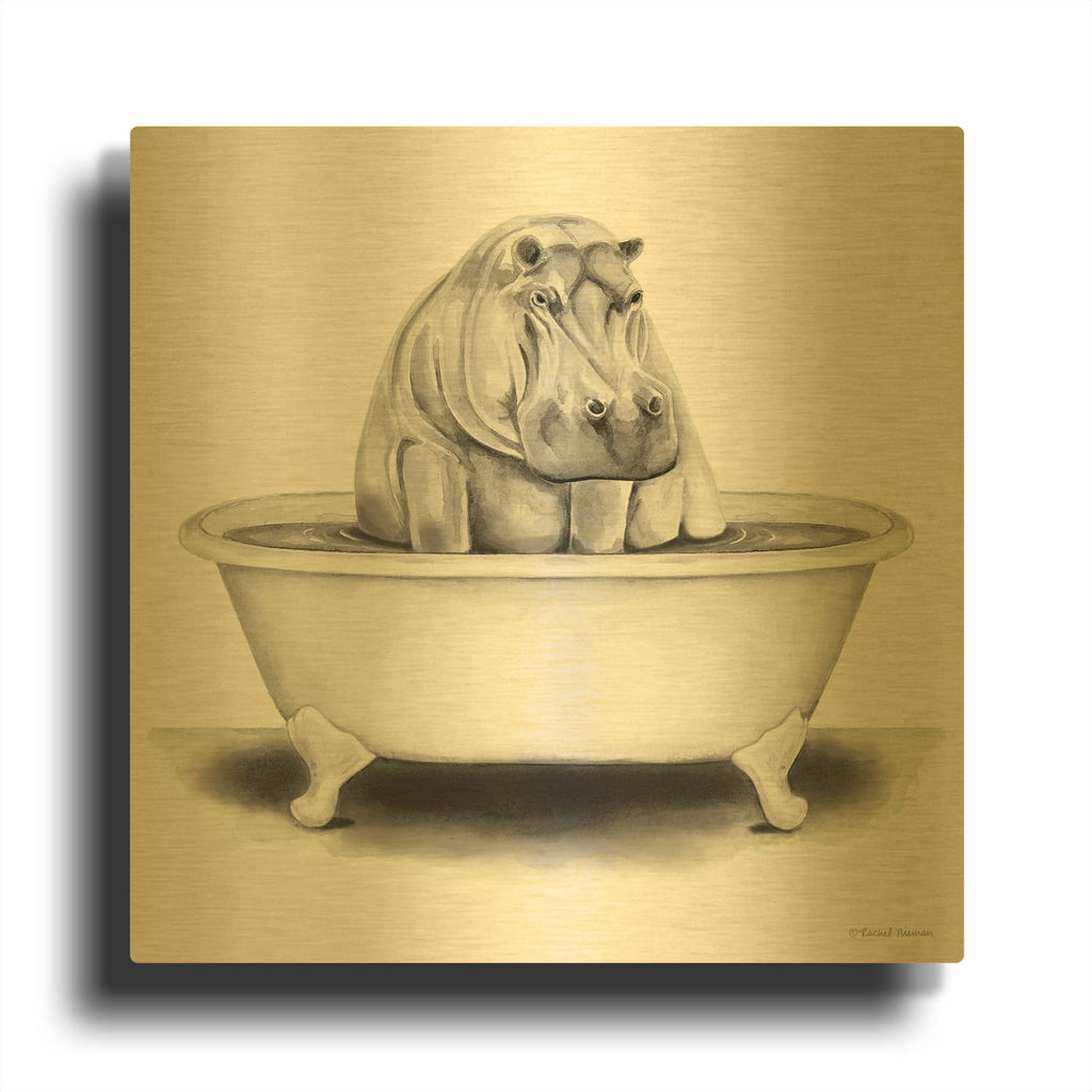 'Hippo in Tub' By Rachel Nieman Gold Metal Wall Art