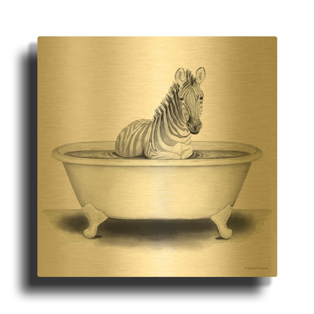 'Zebra in Tub' By Rachel Nieman Gold Metal Wall Art