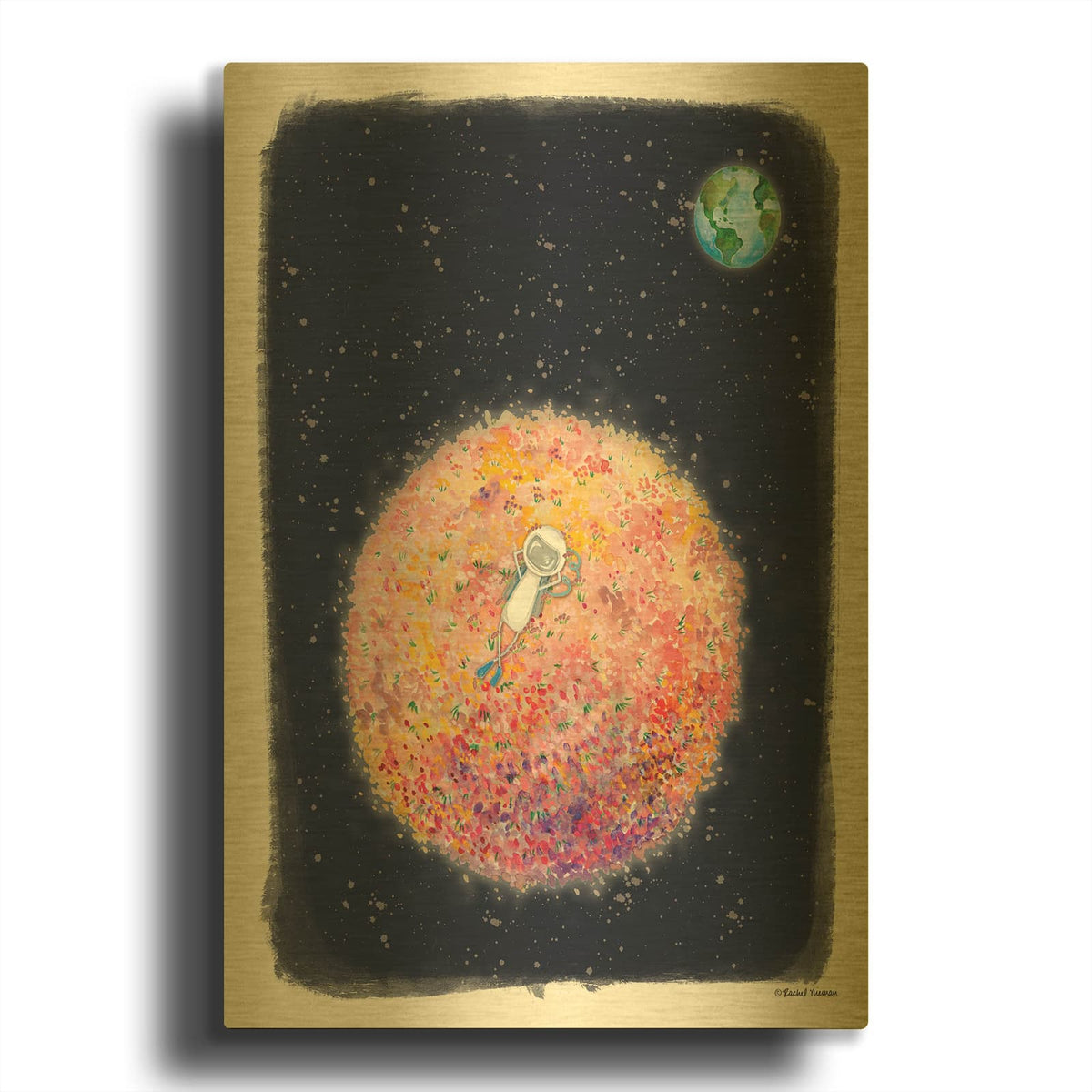 'Chillin on Moon' By Rachel Nieman Gold Metal Wall Art
