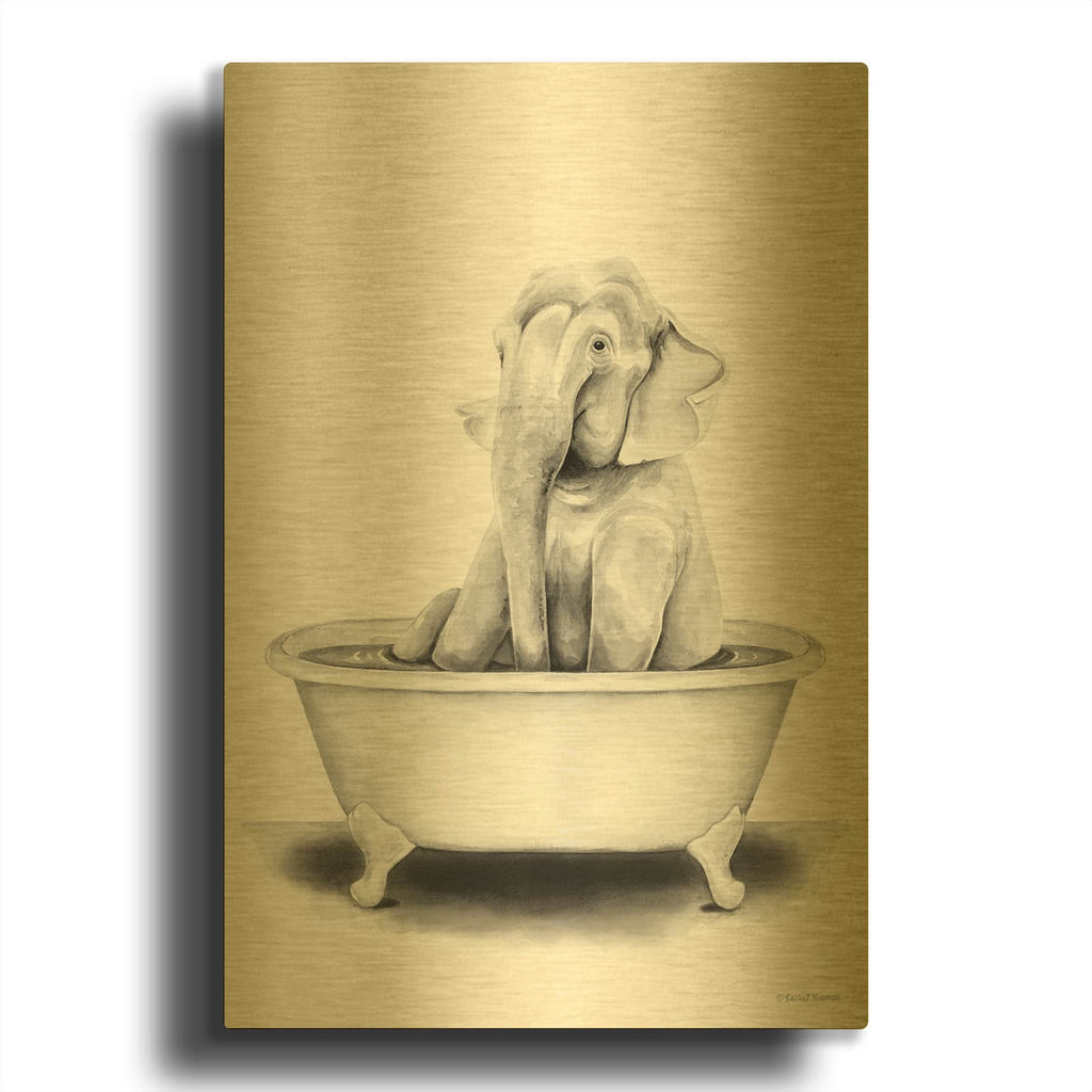 'Elephant in Tub' By Rachel Nieman Gold Metal Wall Art