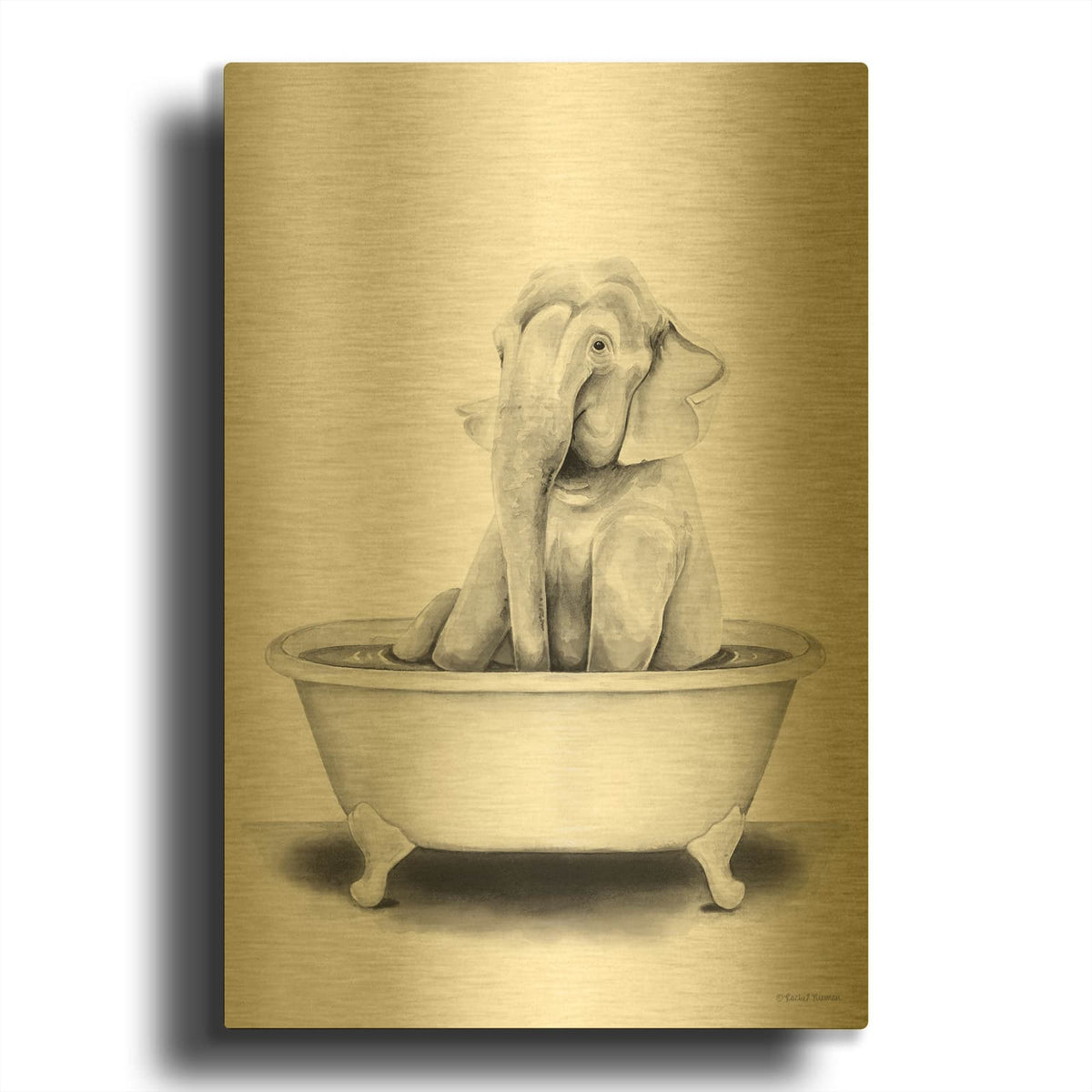'Elephant in Tub' By Rachel Nieman Gold Metal Wall Art