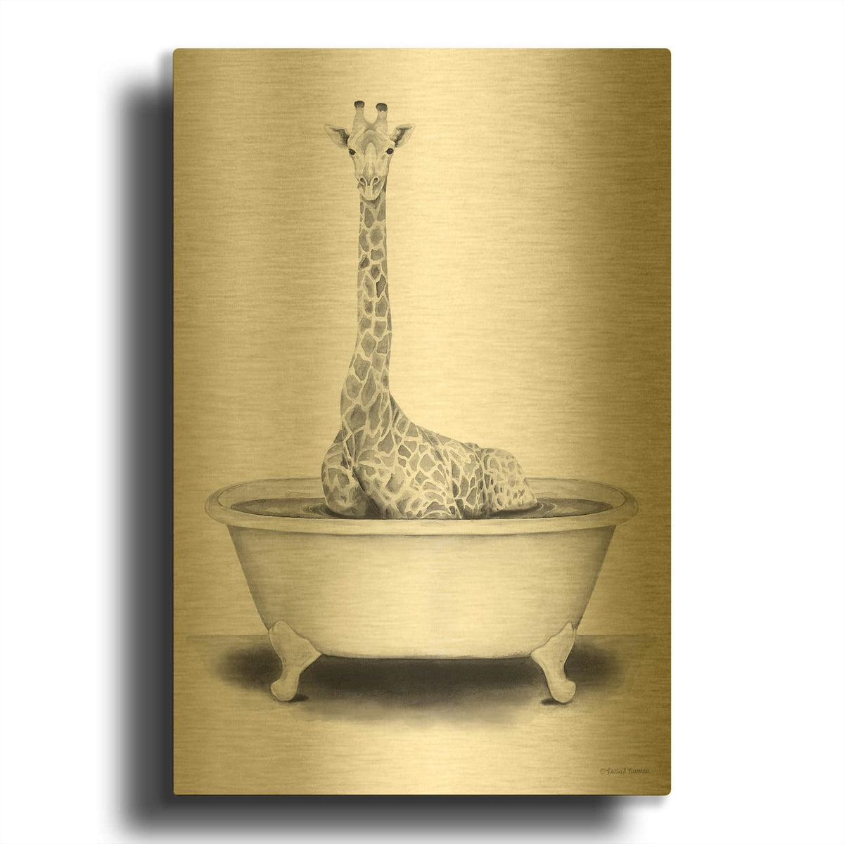 'Giraffe in Tub' By Rachel Nieman Gold Metal Wall Art