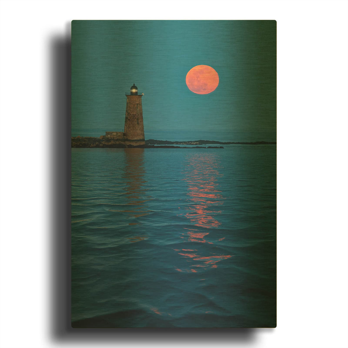 'Full Moon Over Whaleback Light' By Rick Berk Gold Metal Wall Art