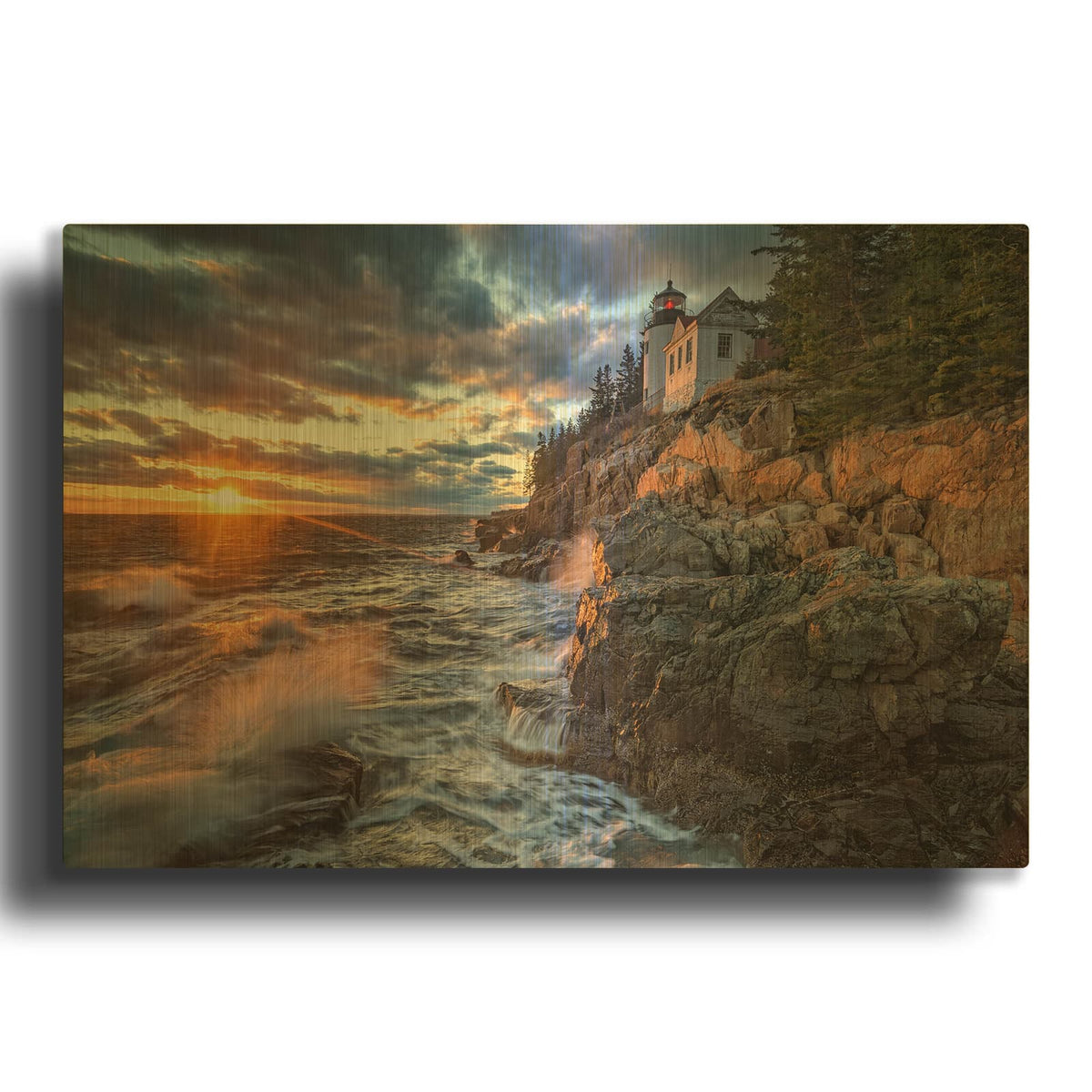 'March Sunset At Bass Harbor Head Light' By Rick Berk Gold Metal Wall Art