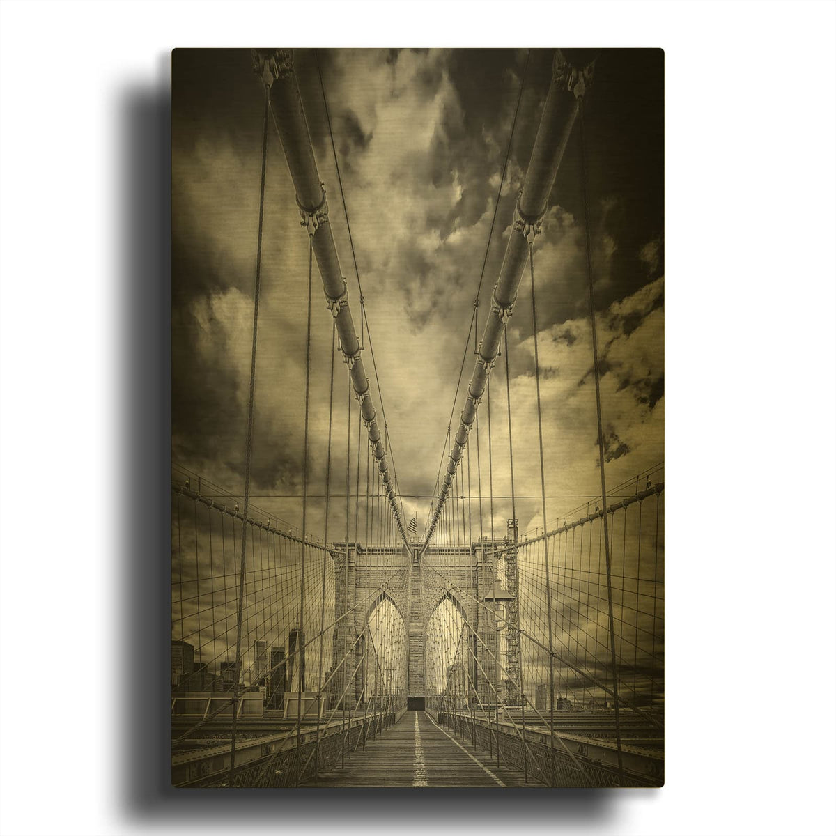 'Spring Evening On The Brooklyn Bridge Monochrome' By Rick Berk Gold Metal Wall Art