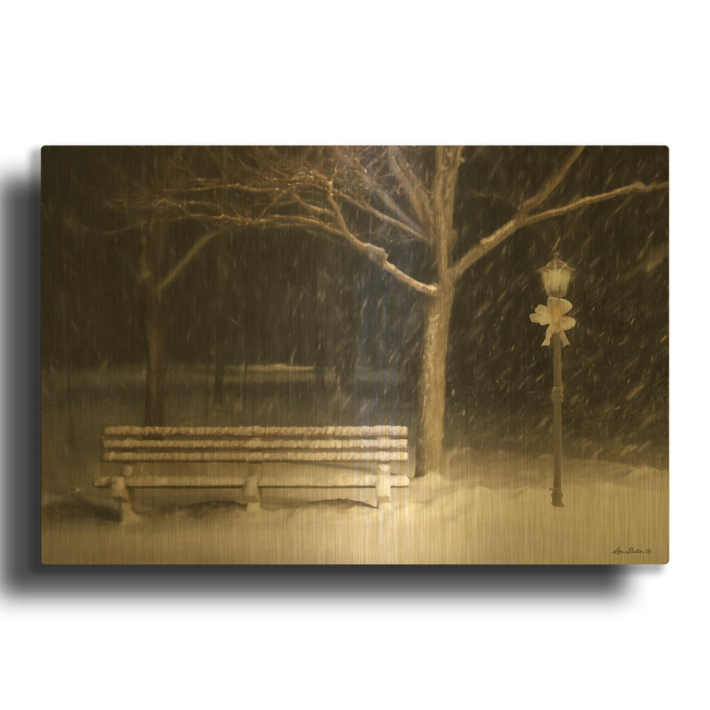 'Snowy Bench' By Lori Deiter Gold Metal Wall Art