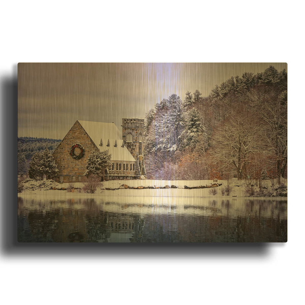 'Winter At The Old Stone Church' By Rick Berk Gold Metal Wall Art