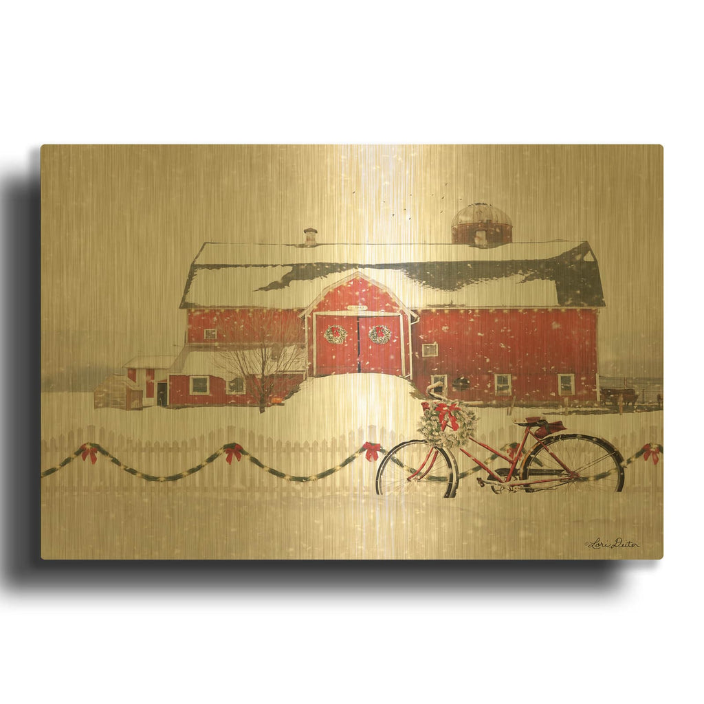 'Christmas Barn and Bike' By Lori Deiter Gold Metal Wall Art