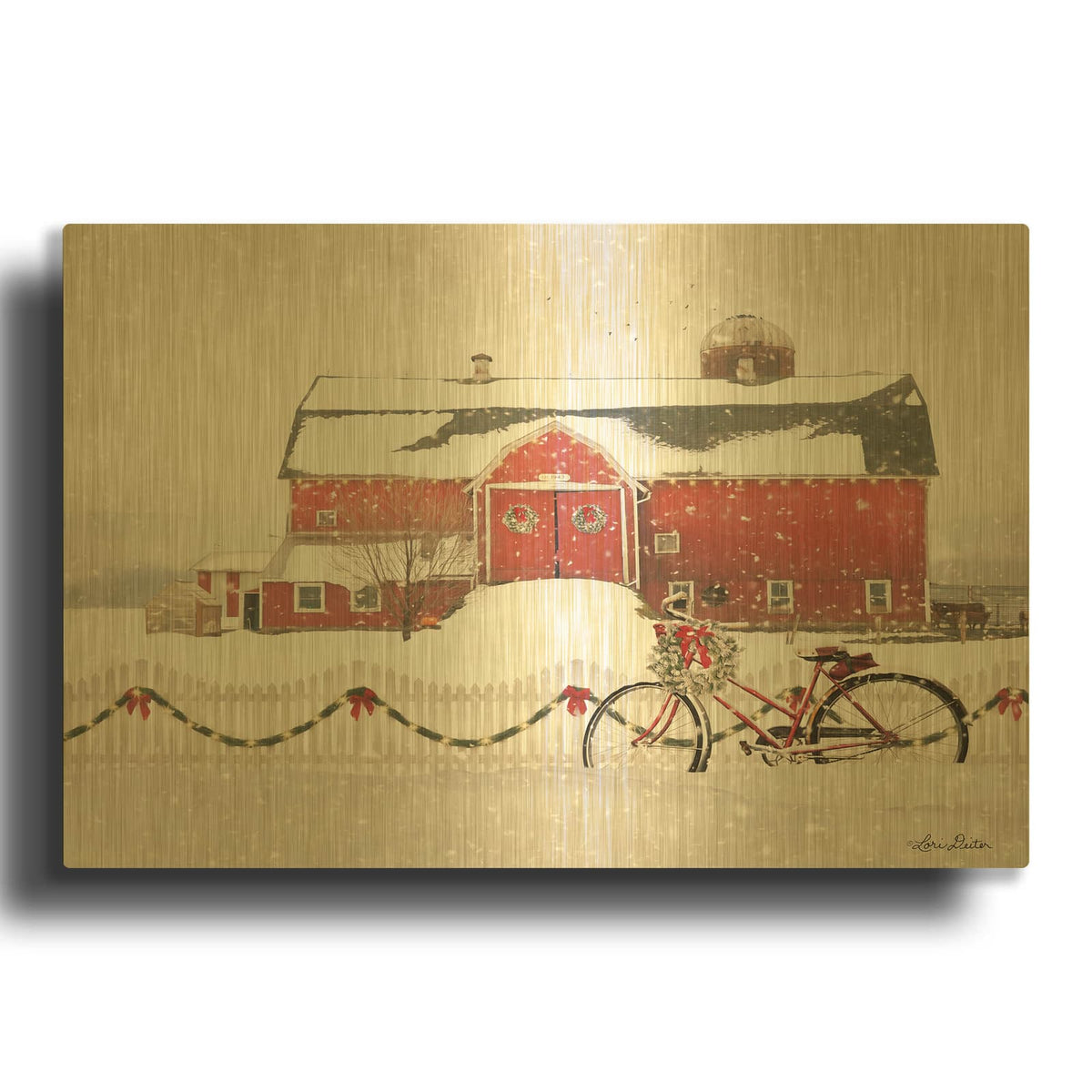 'Christmas Barn and Bike' By Lori Deiter Gold Metal Wall Art