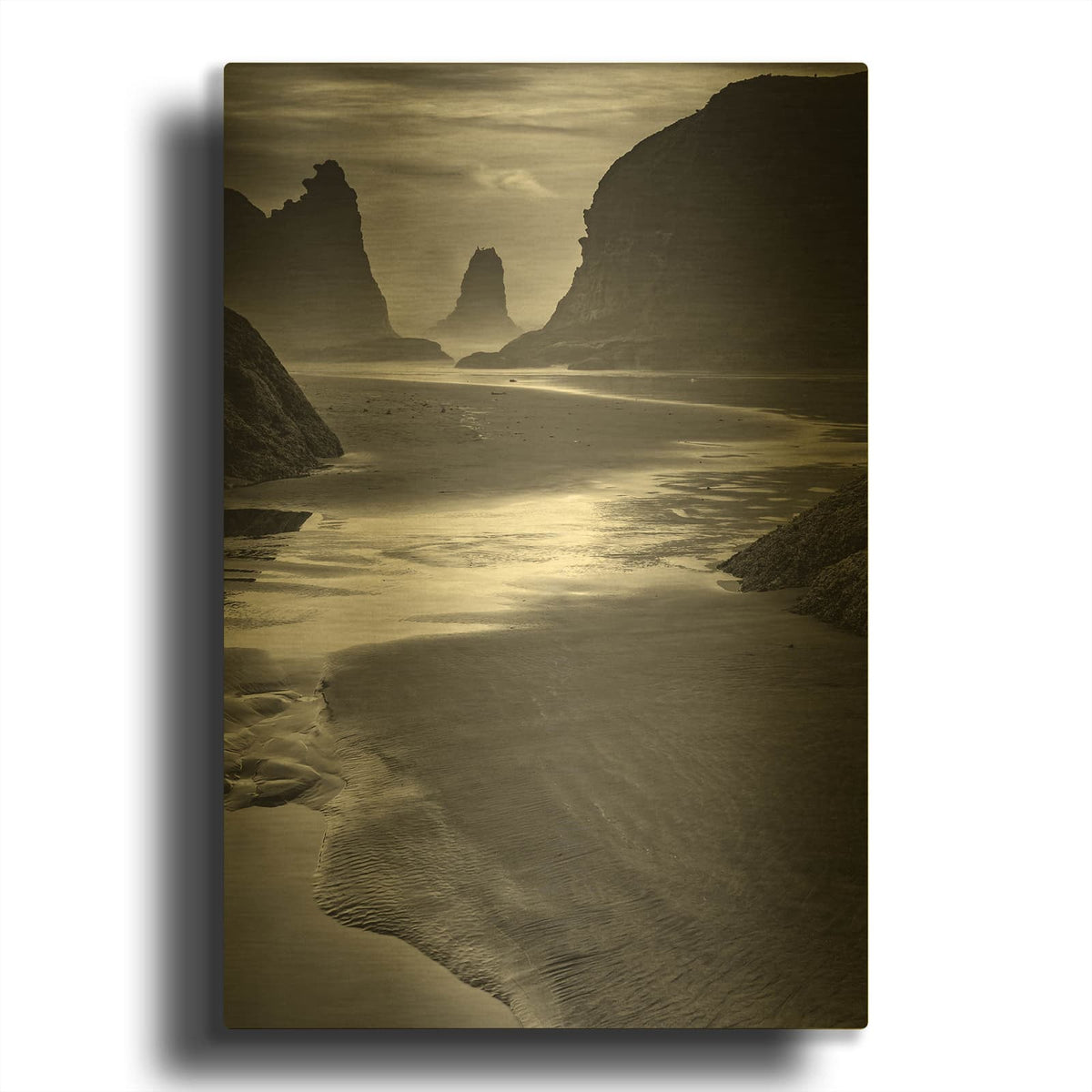 'Last Light On Bandon Beach Monochrome' By Rick Berk Gold Metal Wall Art
