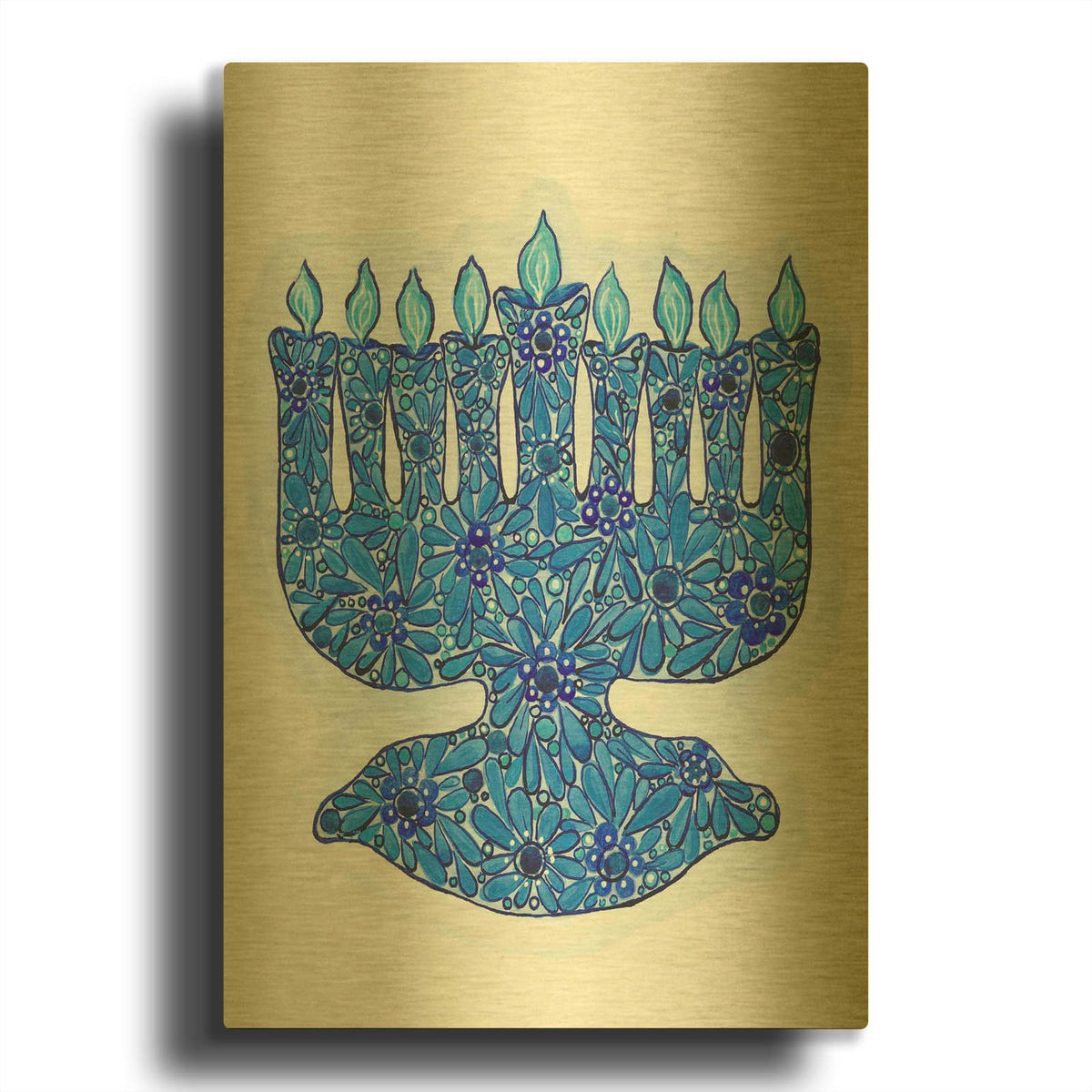 'Menorah Blue W Ink' By Andrea Strongwater Gold Metal Wall Art