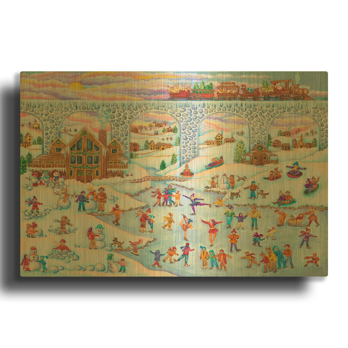 'Winter Skating And Santa Train' By Andrea Strongwater Gold Metal Wall Art