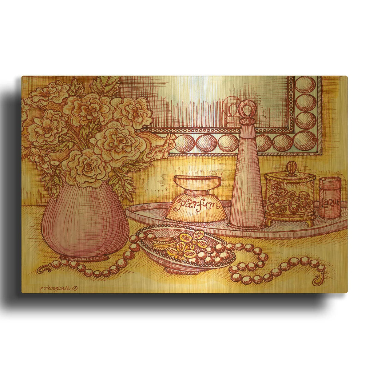 'Shelf With Pearls' By Andrea Strongwater Gold Metal Wall Art