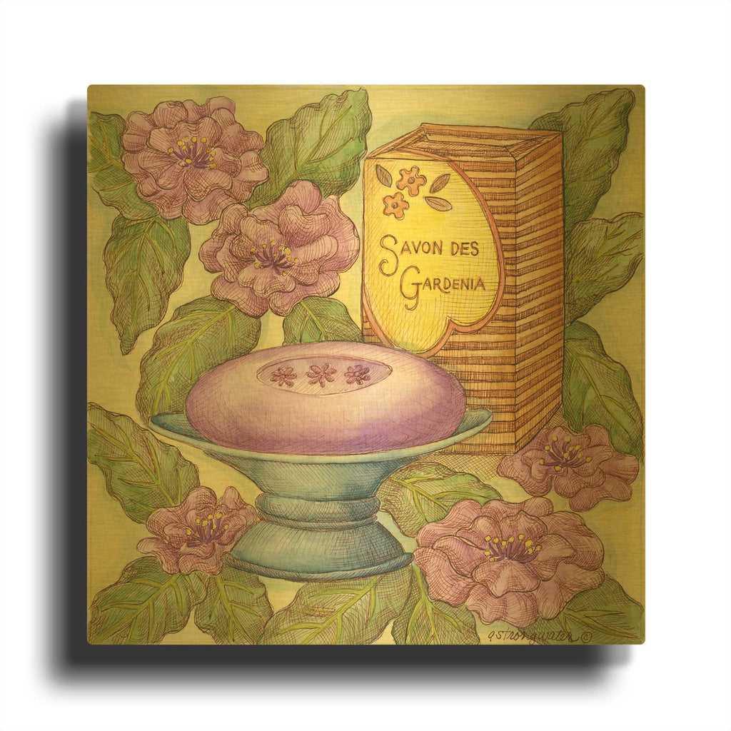 'Savons Des Gardenia' By Andrea Strongwater Gold Metal Wall Art